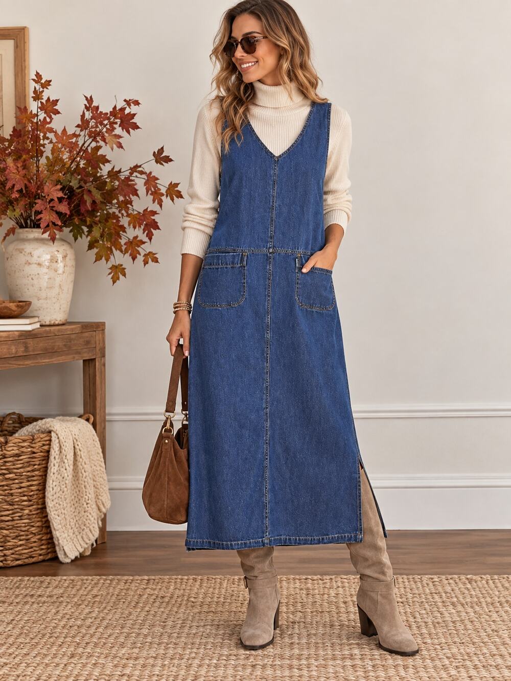 Erika & Co VTG SZ S 100% Cotton V Neck Denim Maxi Tank Dress With Front Pockets